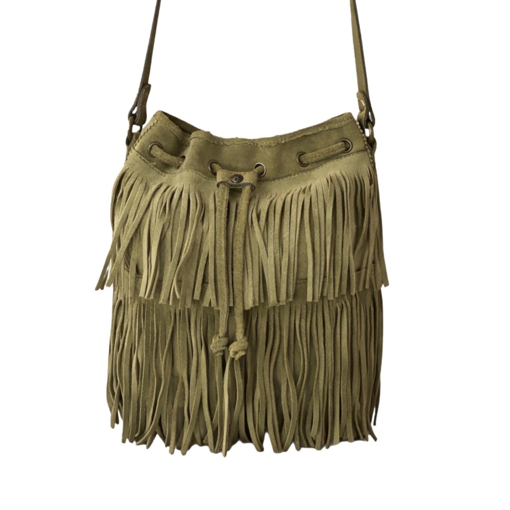 PATRICIA NASH Olive Green Fringe Suede Crossbody Bucket Bag